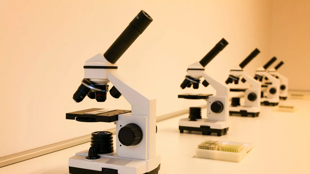 A series of microscopes on a lab table, ideal for scientific research and education.