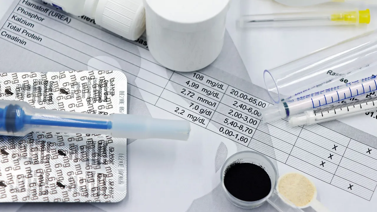 Vet supplies like syringes and medicines on blood test reports, suggesting medical care theme.