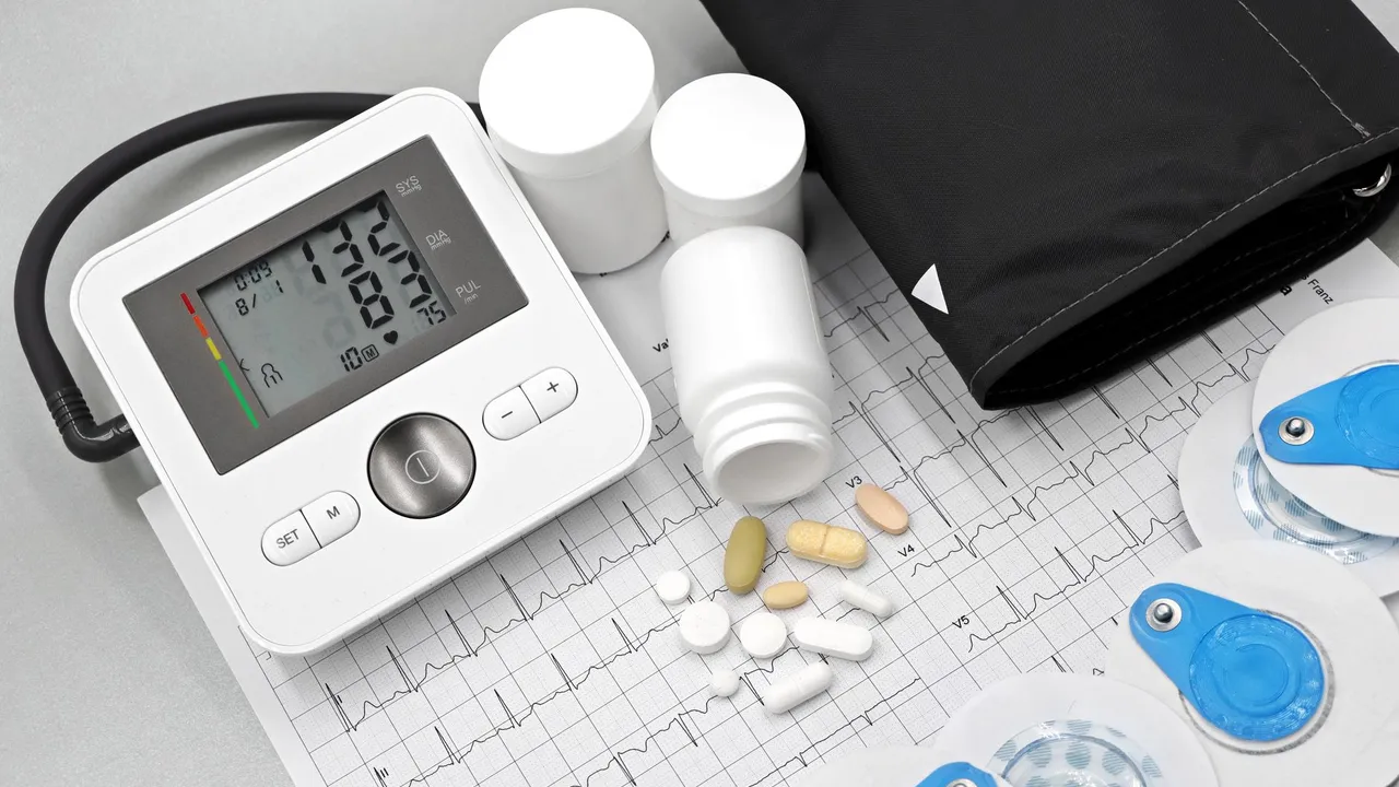 Flat lay of blood pressure monitor, pills, and ECG printout for heart health theme.